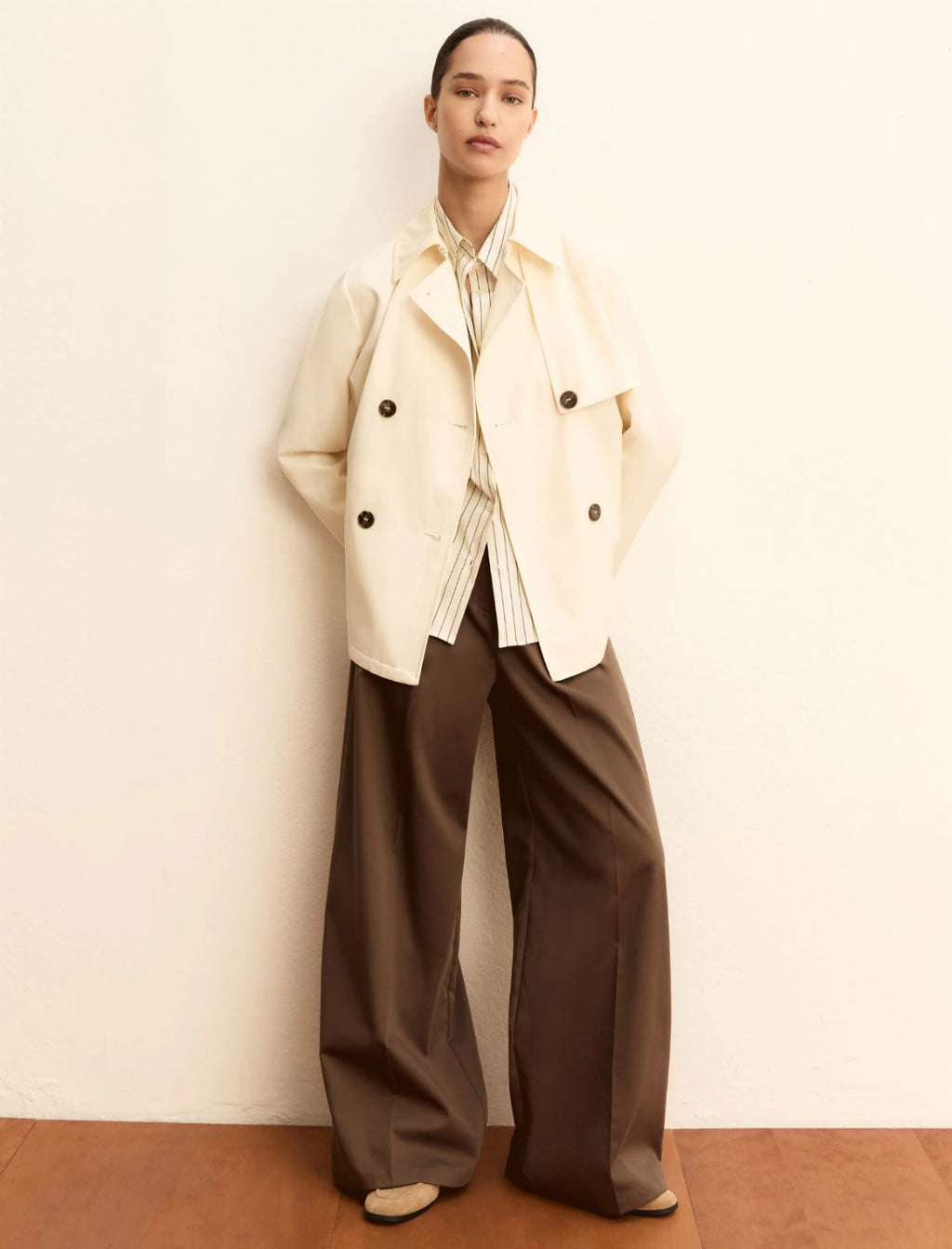 Double-breasted water-repellent gabardine trench coat - WOOL WHITE