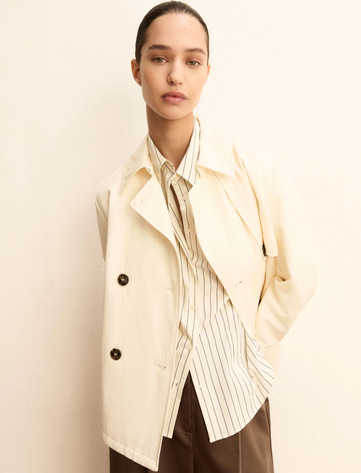 Double-breasted water-repellent gabardine trench coat - WOOL WHITE