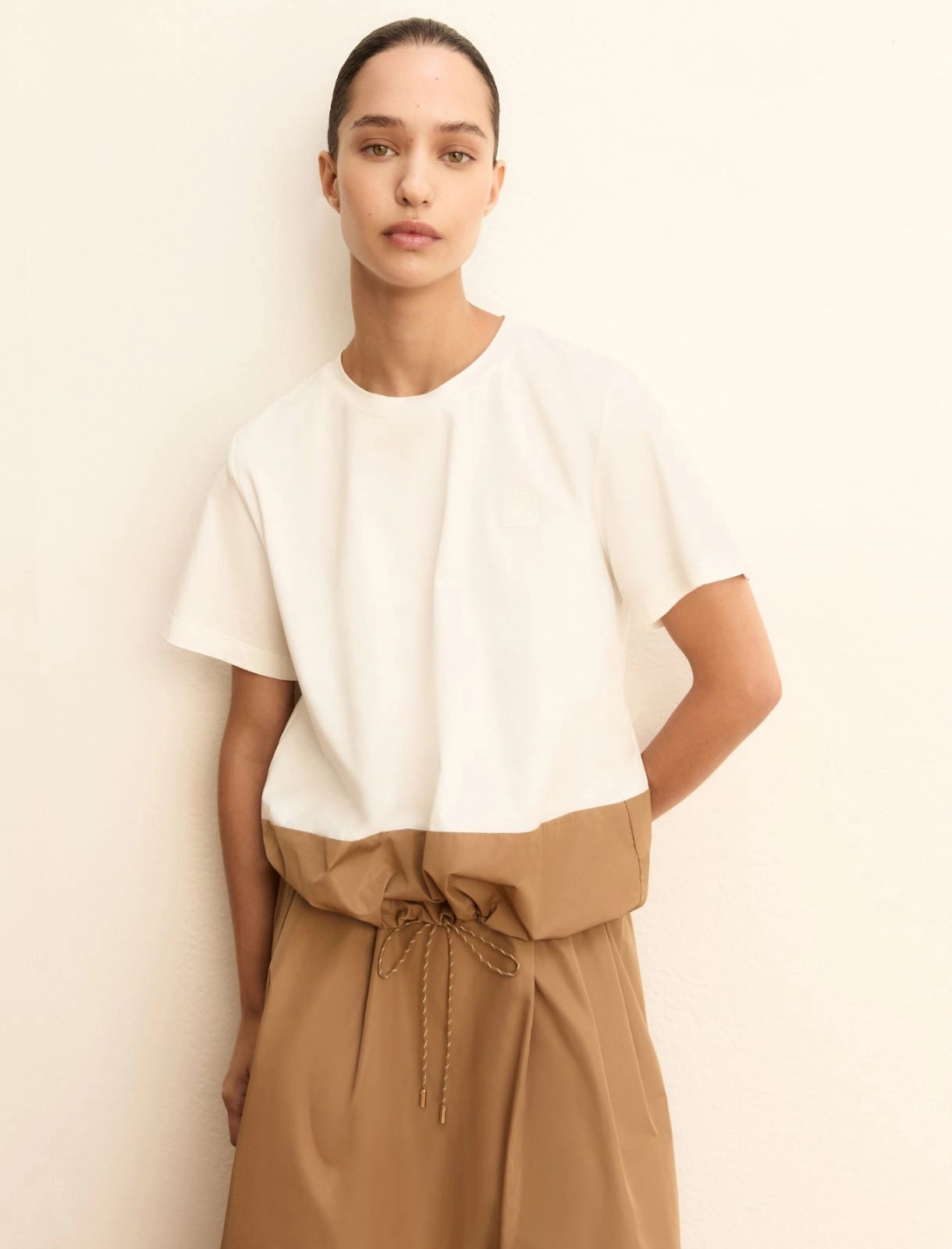 Jersey and taffeta blouse - CAMEL