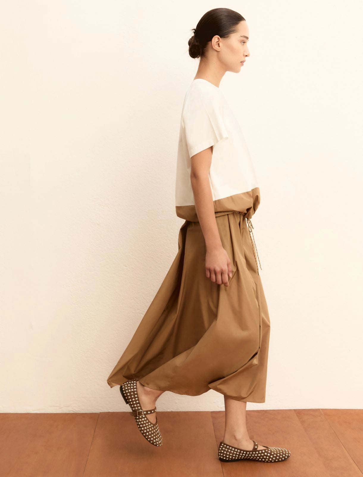 Jersey and taffeta blouse - CAMEL