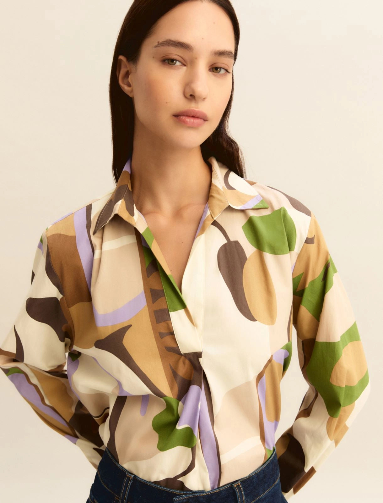 Printed poplin blouse - SAND