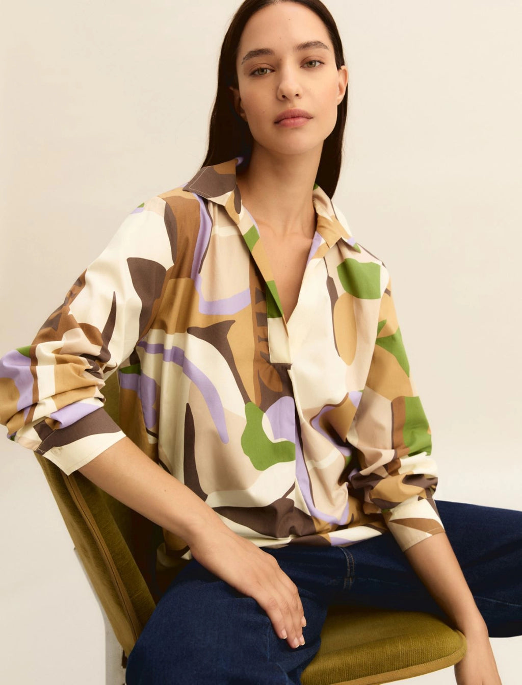 Printed poplin blouse - SAND