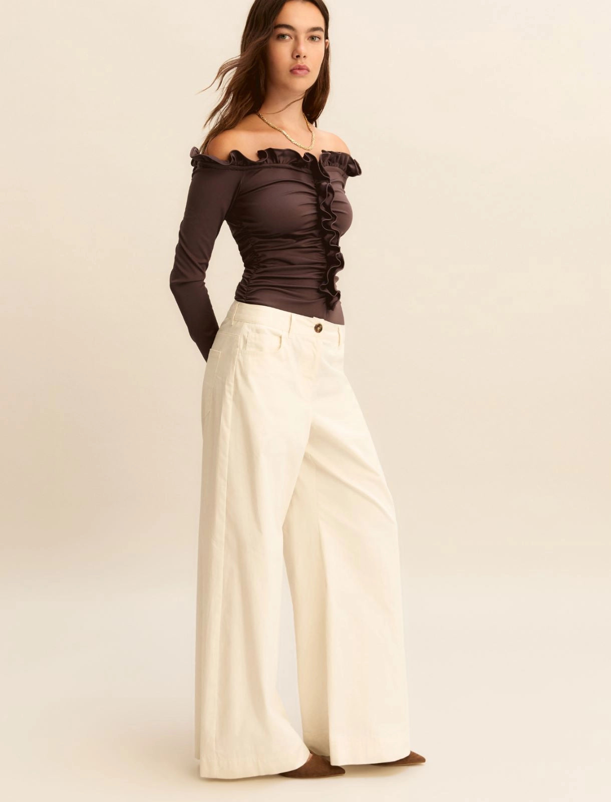 Wide-fit stretch satin 5-pocket trousers - WOOL WHITE
