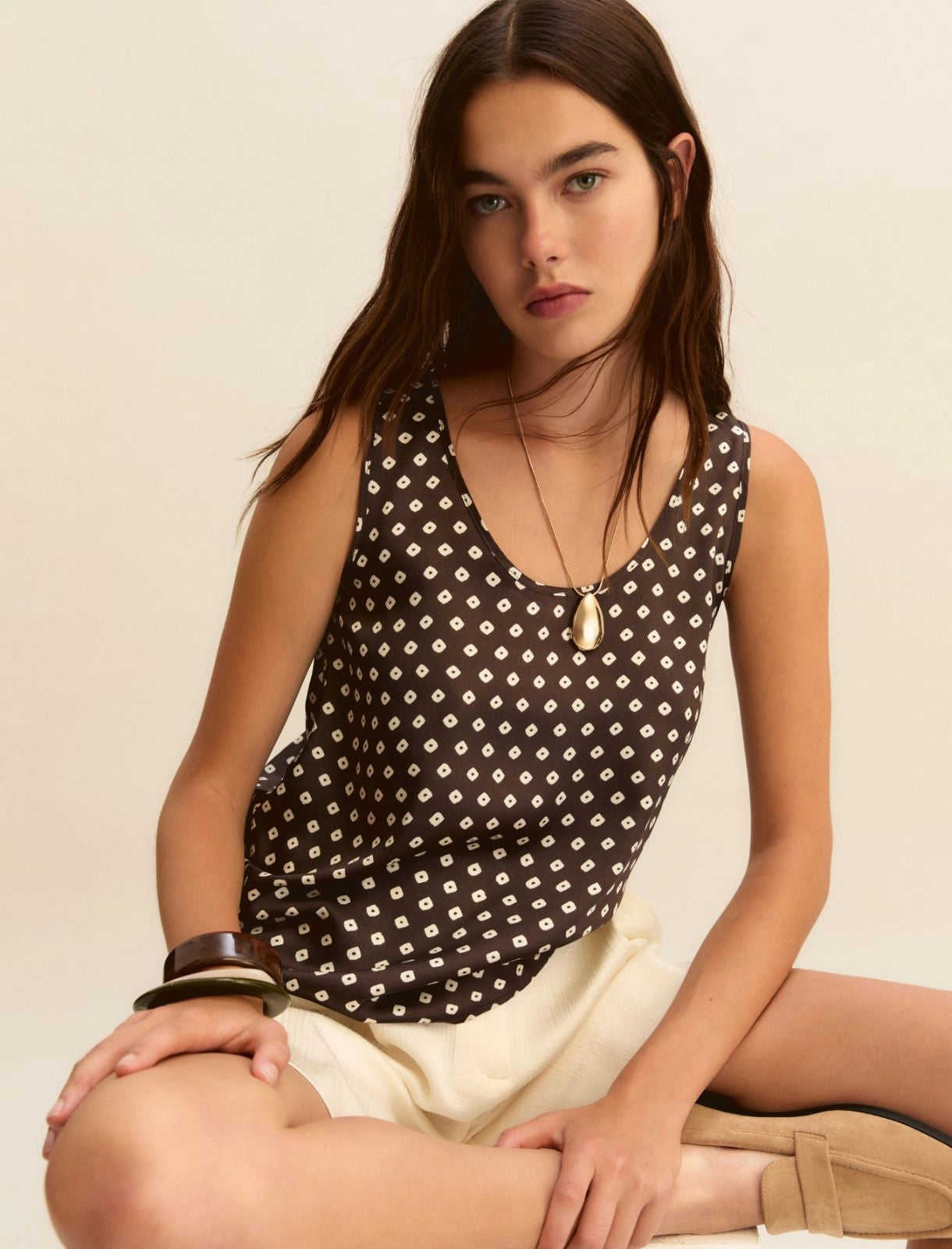 Printed twill vest top - KAKI