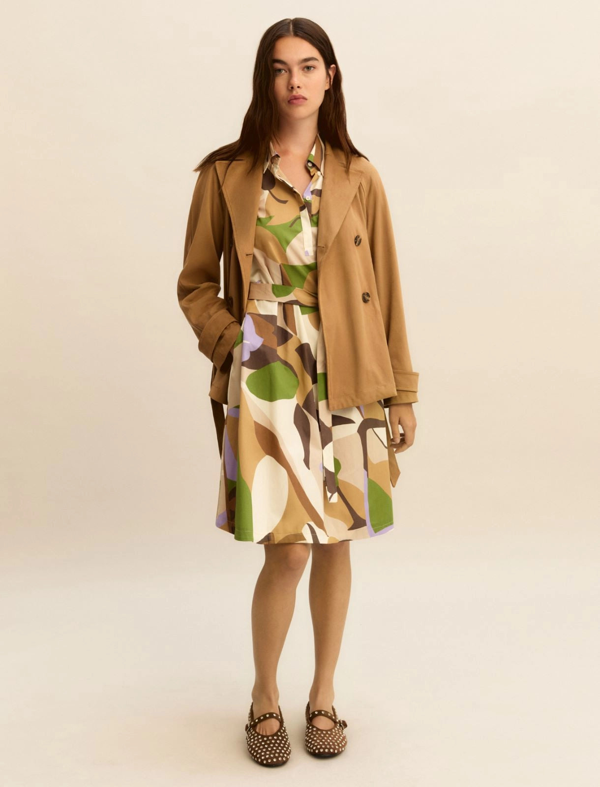 Printed poplin dress - SAND