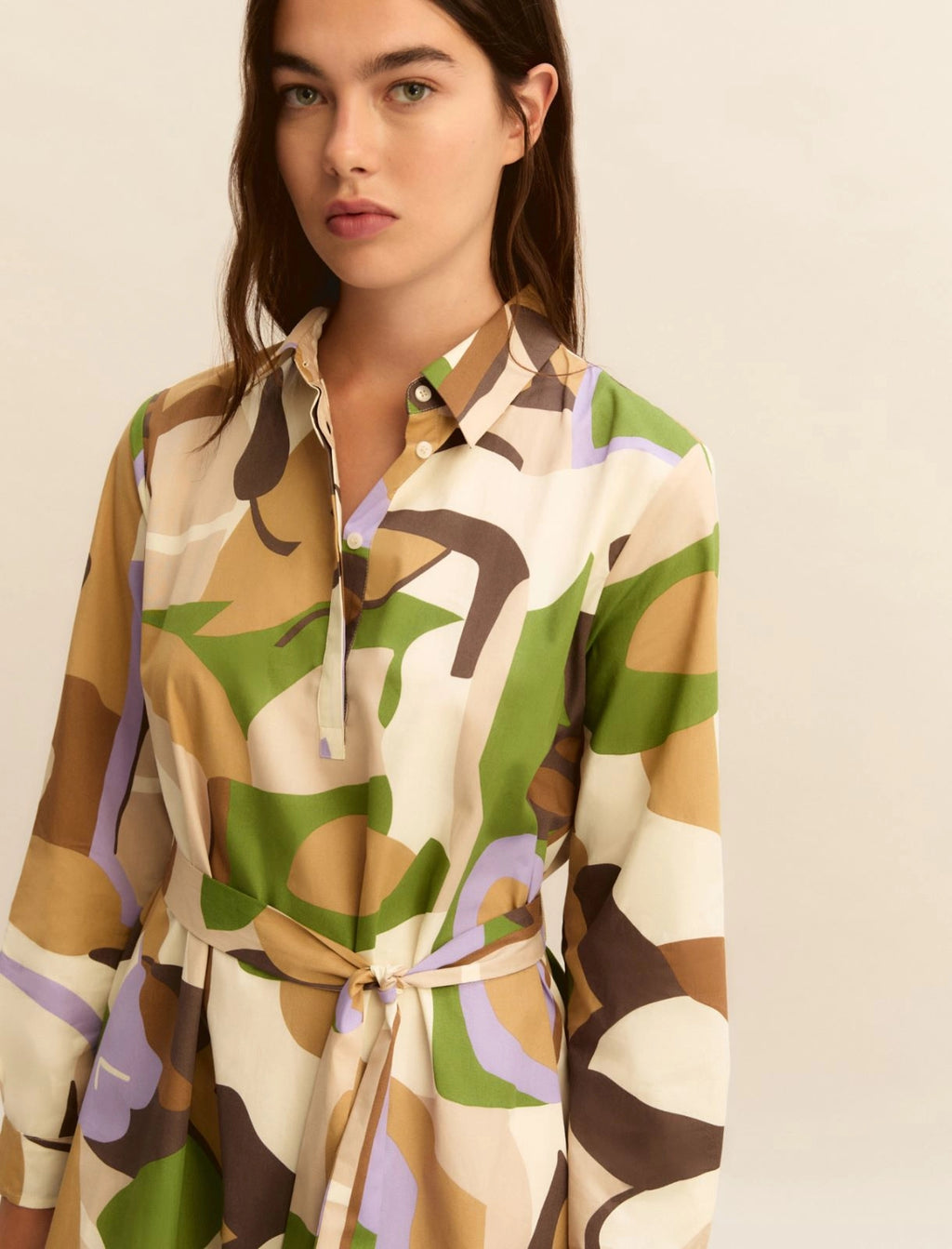 Printed poplin dress - SAND