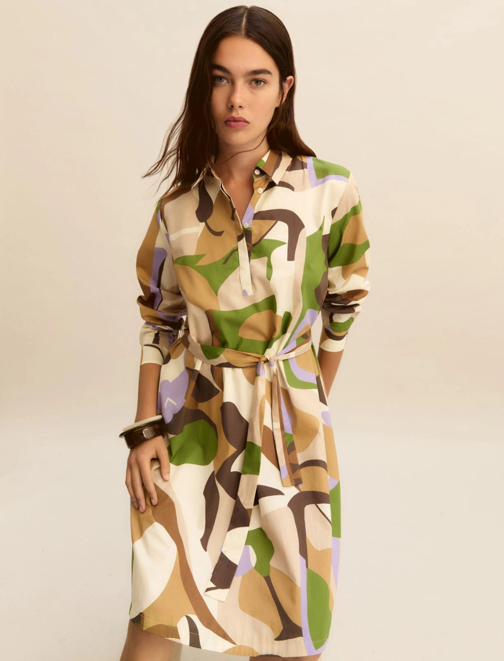 Printed poplin dress - SAND