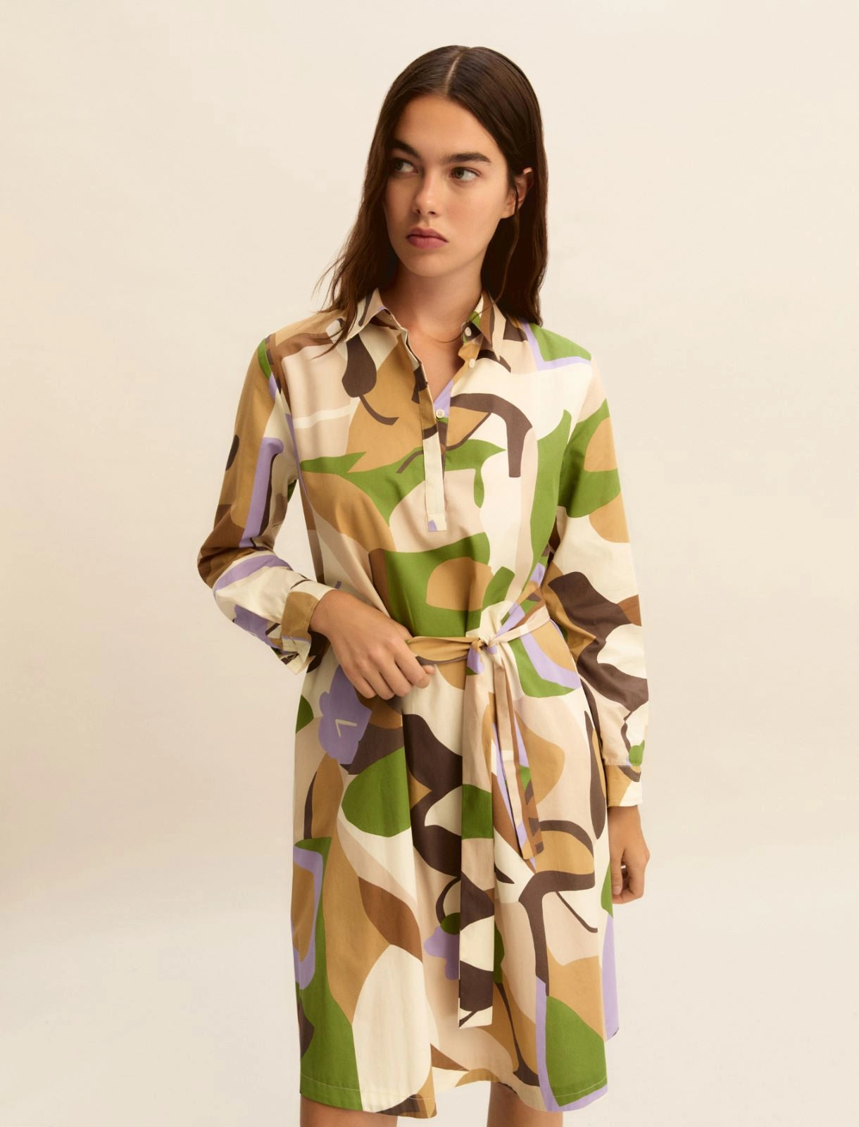 Printed poplin dress - SAND