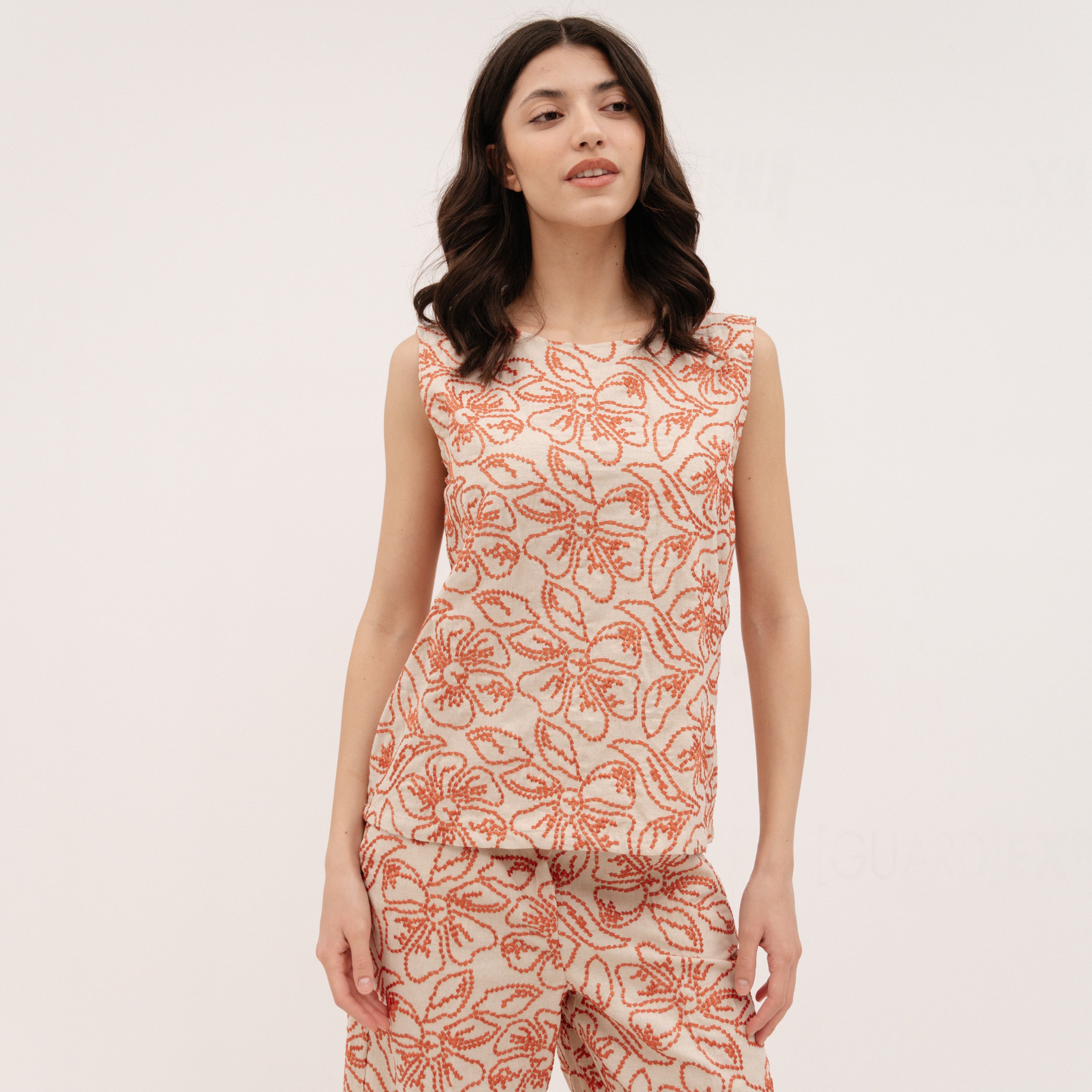 EMME MARELLA Embroidered cotton and linen top - GERANIUM RED