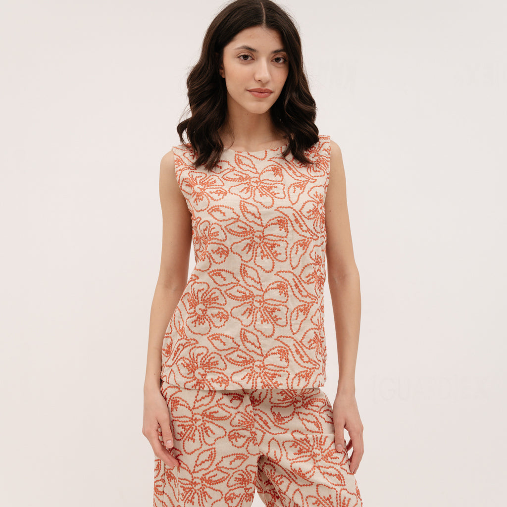 EMME MARELLA Embroidered cotton and linen top - GERANIUM RED