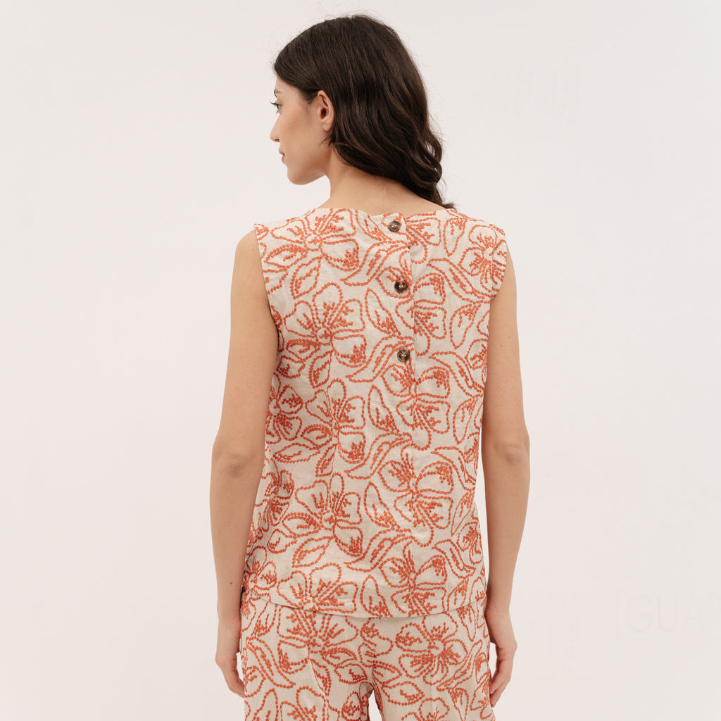 EMME MARELLA Embroidered cotton and linen top - GERANIUM RED